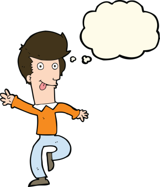 Bir insan tarafından çizilmiş düşünce baloncuğuyla dans eden çizgi film adamı.