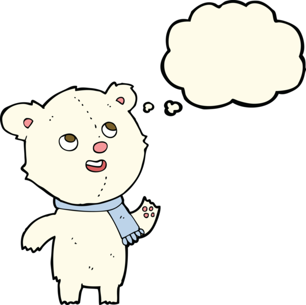 Bir insan tarafından çizilmiş düşünce baloncuklu eşarp giyen kutup ayısı çizgi filmi.