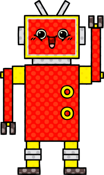 Bir insan tarafından çizilmiş mutlu bir robotun çizgi romanı.