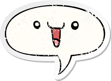 Konuşma baloncuğu olan sevimli mutlu çizgi film yüzü bir insan tarafından çizilmiş sıkıntılı eski bir çıkartma