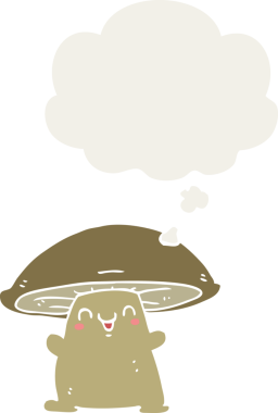 Düşünce baloncuğu olan bir insan tarafından çizilmiş mantar karakteri.