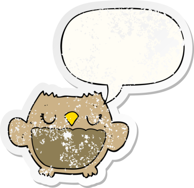 Konuşma baloncuğu olan çizgi film baykuşu bir insan tarafından çizilmiş sıkıntılı eski bir çıkartma