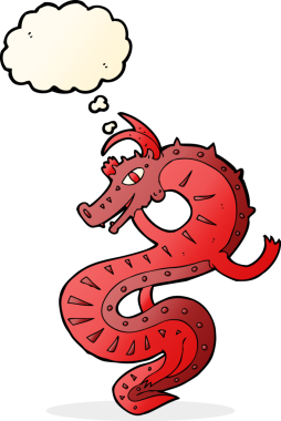 Bir insan tarafından çizilmiş düşünce balonlu Sakson ejderha çizgi filmi.