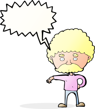 Çizgi filmdeki bıyıklı adam, bir insan tarafından çizilmiş konuşma baloncuğuyla kamp jesti yapıyor.