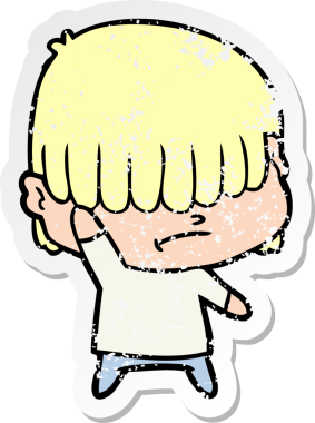 Bir insan tarafından çizilmiş dağınık saçlı bir çizgi film çocuğunun sıkıntılı çıkartması.