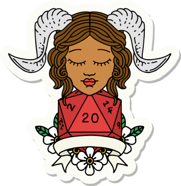 Bir insan tarafından çizilmiş doğal yirmi zarla yapıştırılmış bir etiket.