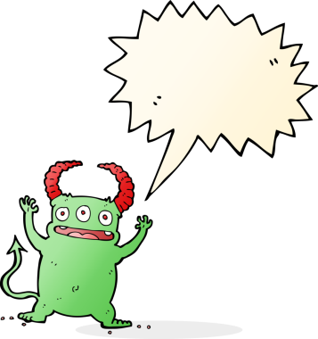 Bir insan tarafından çizilmiş konuşma balonu olan küçük bir şeytan.