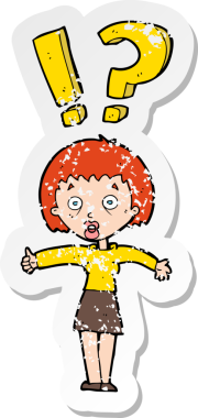 Bir insan tarafından çizilen soruları soran karikatürlü bir kadının gerilimli çıkartması.