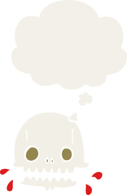 Düşünce baloncuğu olan, bir insan tarafından çizilmiş garip bir kafatası.