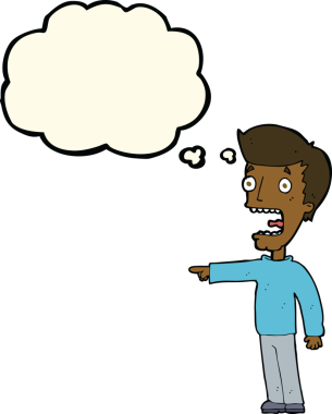 Bir insan tarafından çizilmiş düşünce baloncuğuyla dehşete düşmüş bir adam.