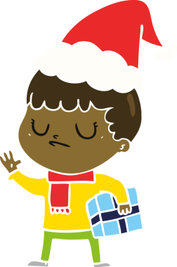 Bir insan tarafından çizilmiş Noel Baba şapkası giyen huysuz bir çocuğun düz renkli çizimi.