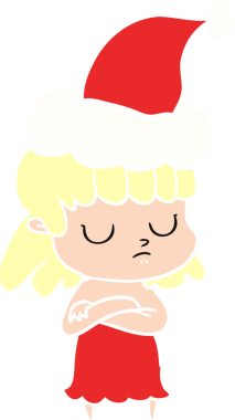 Bir insan tarafından çizilmiş Noel Baba şapkası giyen kayıtsız bir kadının el çizimi düz renk çizimi.