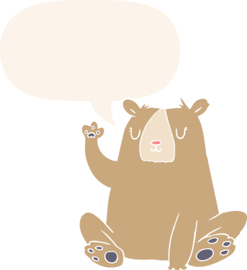 Çizgi film ayısı; bir insan tarafından çizilmiş retro tarzda konuşma baloncuğuyla el sallıyor