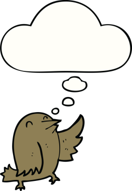 Bir insan tarafından çizilmiş düşünce baloncuklu çizgi film kuşu.