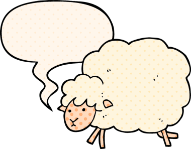 Bir insan tarafından çizilmiş, çizgi roman tarzında konuşma balonu olan bir koyun.