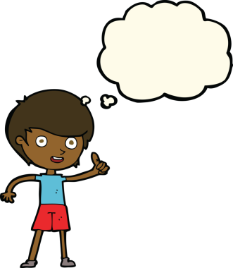 Çizgi filmci çocuk, bir insan tarafından çizilmiş düşünce baloncuğuyla baş parmak işareti yapıyor.