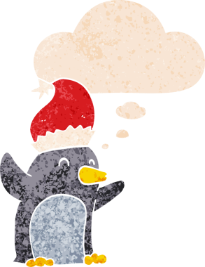 Hoş bir karikatür pengueni. Düşünce baloncuğu ve grunge dertli retro tarzı bir insan tarafından çizilmiş.