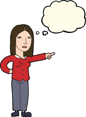 Bir insan tarafından çizilmiş düşünce balonuyla işaret eden çizgi film kadını.