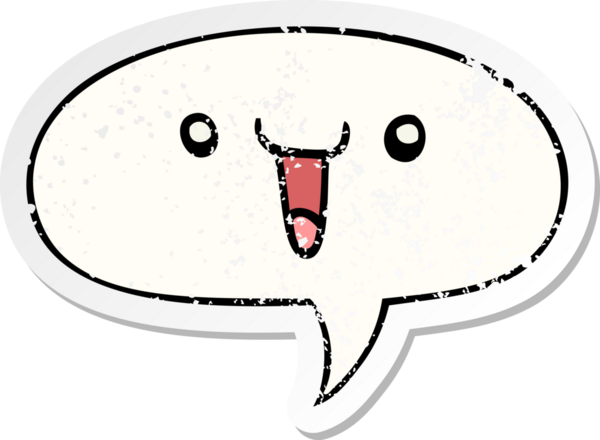 Konuşma baloncuğu olan sevimli mutlu çizgi film yüzü bir insan tarafından çizilmiş sıkıntılı eski bir çıkartma