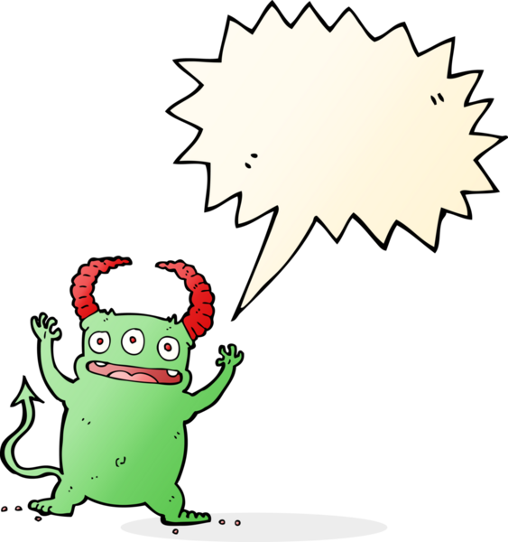 Bir insan tarafından çizilmiş konuşma balonu olan küçük bir şeytan.