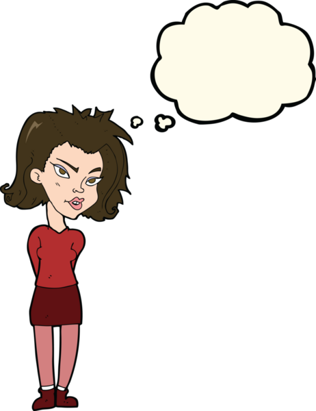 Bir insan tarafından çizilmiş düşünce baloncuğu olan çizgi film kadını.