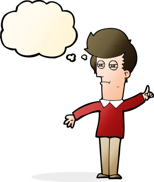 Bir insan tarafından çizilmiş düşünce baloncuğuyla gözlerini kısarak bakan çizgi film adamı.