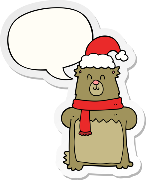 Bir insan tarafından çizilmiş balon çıkartmalı Noel şapkası takan çizgi film ayısı.