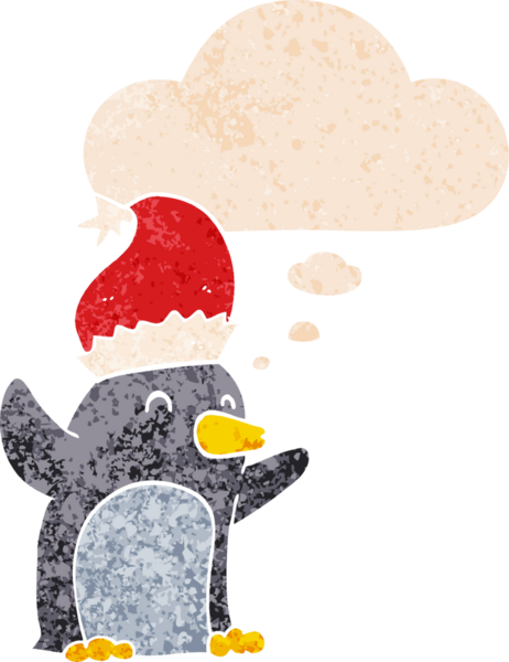 Hoş bir karikatür pengueni. Düşünce baloncuğu ve grunge dertli retro tarzı bir insan tarafından çizilmiş.