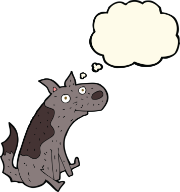 Bir insan tarafından çizilmiş düşünce baloncuğu ile oturan bir köpek.