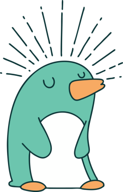 Bir insan tarafından çizilmiş geleneksel dövme stili mutlu penguen çizimi