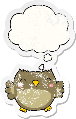 Düşünce baloncuğu olan sevimli çizgi film baykuşu bir insan tarafından çizilmiş yıpranmış bir çıkartma.