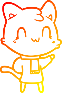 Bir insan tarafından çizilmiş eşarp takan mutlu bir kedinin çizgi çizimi.