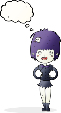 Bir insan tarafından çizilmiş düşünce balonlu mutlu vampir kız çizgi filmi.