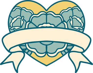 İkonik dövme stili bir kalp ve bir insan tarafından çizilmiş çiçekli pankart.