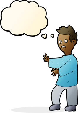 Bir insan tarafından çizilen düşünce baloncuğuyla şok olmuş bir adam.