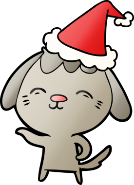 Mutlu el çizimi, bir insan tarafından çizilmiş Noel Baba şapkası takan bir köpeğin çizgi filmi.