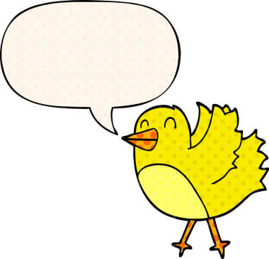 Bir insan tarafından çizilmiş çizgi roman tarzında konuşma baloncuğu olan çizgi film kuşu.