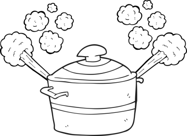Bir insan tarafından çizilmiş siyah beyaz karikatür pişirme tenceresi.