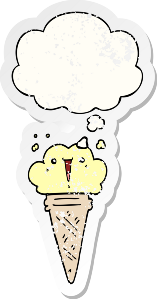 Yüzünde düşünce kabarcığı olan karikatür dondurması insan tarafından çizilmiş yıpranmış bir çıkartma gibi.