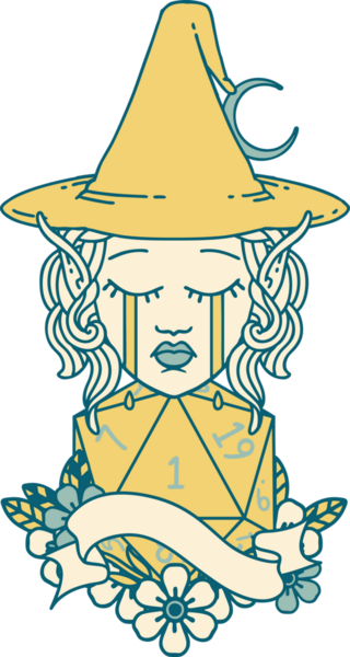 Retro Dövme Tarzı Ağlayan Elf Büyücüsü karakteri yüzü ve bir insan tarafından çizilmiş D20 rulosu