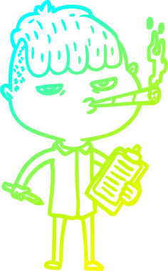 Bir insan tarafından çizilmiş sigara içen bir çizgi film satıcısının soğuk çizgi çizimi.