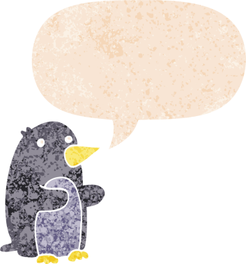 grunge 'da konuşma balonu olan karikatür pengueni bir insan tarafından çizilmiş tedirgin geçmiş dokulara sahip.