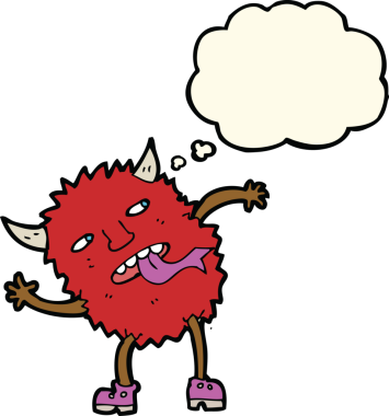 Bir insan tarafından çizilmiş düşünce baloncuklu komik çizgi film canavarı.