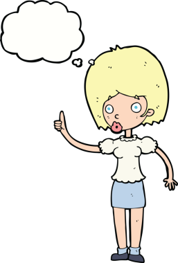 Bir insan tarafından çizilmiş düşünce baloncuğu fikri olan karikatür kadın.