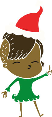 Bir insan tarafından çizilmiş Noel Baba şapkası giyen şaşı bir kızın el çizimi düz renk çizimi.