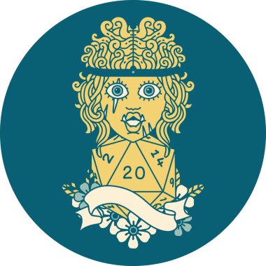 Retro Dövme Biçimi Yarı Ork Barbar Karakteri Bir insan tarafından çizilmiş 20 zar ile