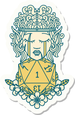 Ağlayan elf barbar karakterinin çıkartması. Bir insan tarafından çizilmiş doğal bir D20 rulo.