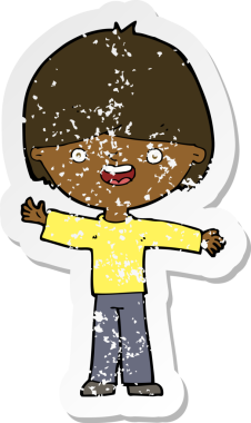 Bir insan tarafından çizilen mutlu çocuk çizgi filminin kederli retro yapıştırması.