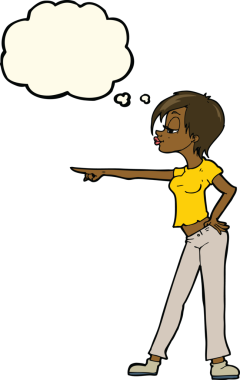 Bir insan tarafından çizilmiş düşünce balonuyla işaret eden çizgi film kadını.