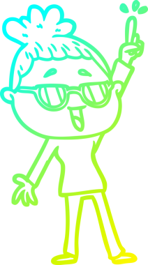 Bir insan tarafından çizilmiş gözlük takan mutlu bir kadının çizgi film çizimi.